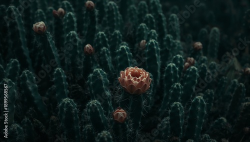 Cactus With Red Flower Blooms in a Dark Setting During Evening Hours