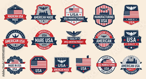 Collage of various patriotic emblems and labels with USA theme and flag motifs in different styles and shapes