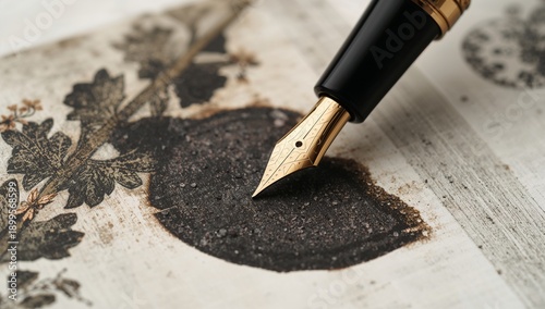 Close up of Fountain Pen on Textured Paper With Ink Design During Daytime