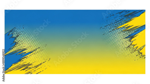 Vibrant abstract illustration featuring dynamic shapes in blue and yellow hues from a frontal viewpoint