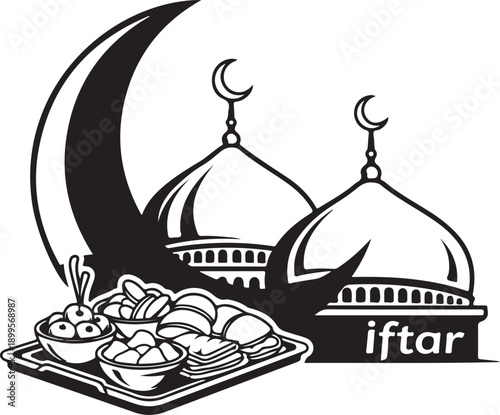 A serene illustration of iftar meal with mosque and crescent moon in the background.