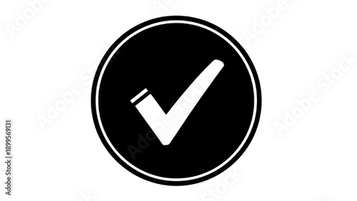 Black and white checkmark icon on circular button, symbolizing approval and confirmation in a simple graphic illustration.