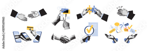 Business illustration of halftone hands, a collage of a handshake, puzzle solving, mobile payment, document verification, and support gestures. Concept of collaboration, transactions, and workflows