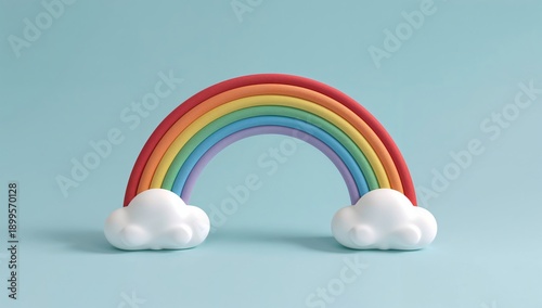 Colorful Rainbow and Clouds Made From Clay on a Blue Background