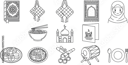 Islamic Ramadan culture line icon set with Quran, prayer mat, hijab, ketupat, food, drum and mosque invitation symbols vector