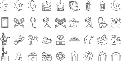 Islamic Ramadan Line Icon Collection with Prayer, Mosque, Quran, Charity, Fasting, Crescent Moon, and Eid Symbols