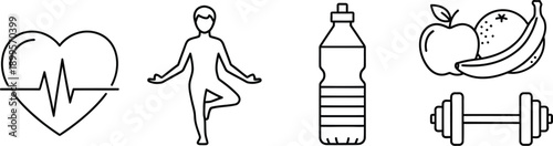 Essential line icons representing balanced lifestyle components including heart health fitness activities mindful posing hydration and nutritious fruit intake