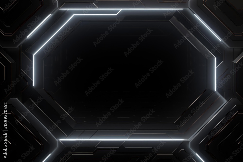 Fototapeta premium Black sci fi tunnel border with illuminated geometric outlines
