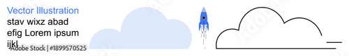 Space exploration, creativity, innovation, minimalism, technology, adventure. A blue rocket soars upward past a cloud with line art and filled design elements. Space exploration and creativity