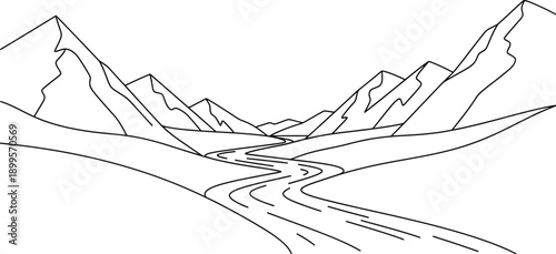 Simple black and white line art drawing illustrating a winding river flowing through a majestic valley surrounded by towering mountain ranges suggesting wilderness exploration.