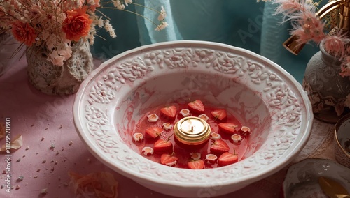Bowl Filled With Pink Petals and a Lit Candle Arranged on a Table With Flower...