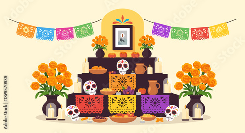 Colorful day of the dead altar with marigolds, candles, and decorative sugar skulls