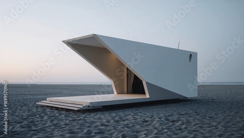 Modern Structure Sits on Sandy Beach at Sunset Near Coastline