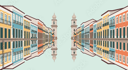 Colorful symmetrical street scene with historic buildings and towers