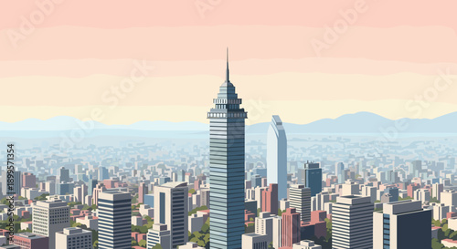 Skyline sunrise: towering urban landscape with soft pastel colors and mountains