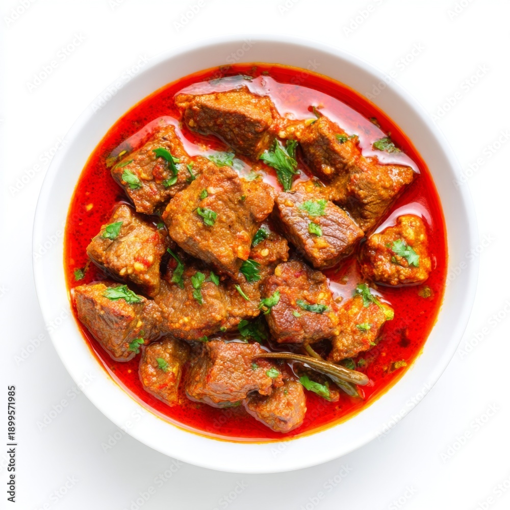 Fototapeta premium Savory Spicy Meat Dish in Red Sauce Garnished with Fresh Herbs and Green Chilies