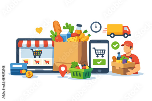 Online grocery shopping and delivery service concept with shopping cart and delivery truck