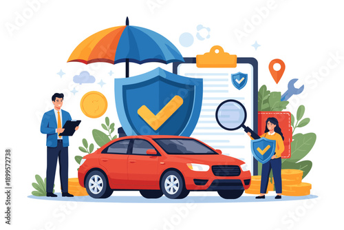 Car insurance concept with people, umbrella, shield, and documents