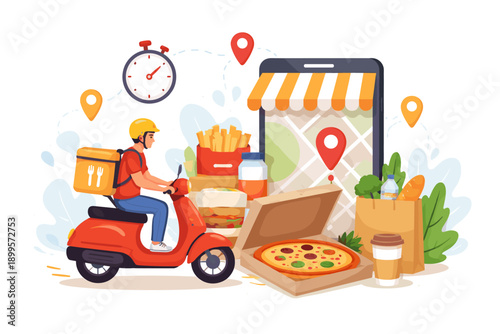 Food delivery rider on scooter with pizza, fries, and map app on phone
