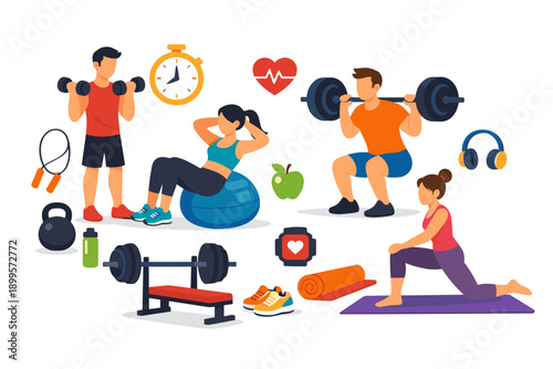 Diverse group of people engaged in various fitness activities and exercises with equipment