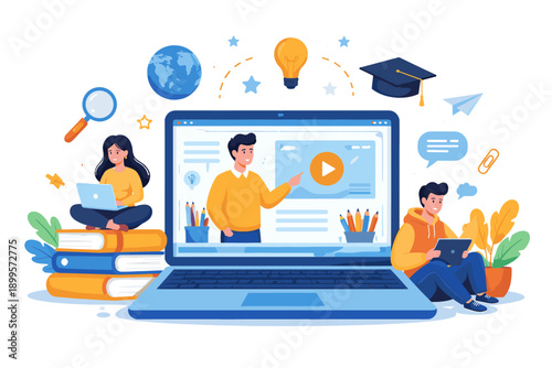 Online education concept with students learning on laptops and tablets