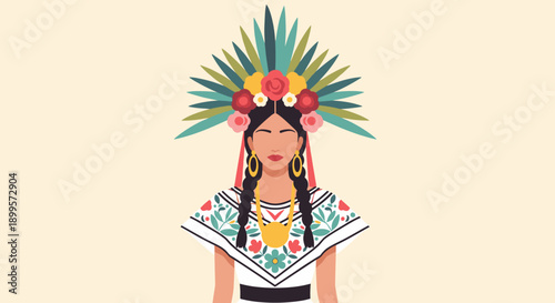 Traditional mexican female attire with floral headdress in flat design style