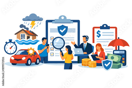 Insurance agents and clients discussing policy details with financial and risk management elements