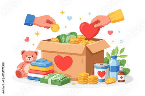 Hands donating money, clothes, and supplies into a charity donation box with hearts