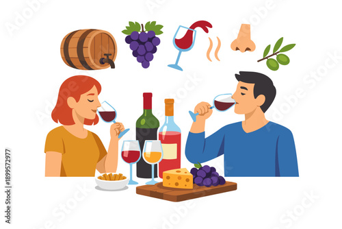 Couple enjoys wine tasting with cheese, grapes, and snacks, experiencing aroma and flavor