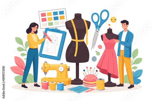 Fashion designers collaborate on a new dress design with sewing tools and mannequins