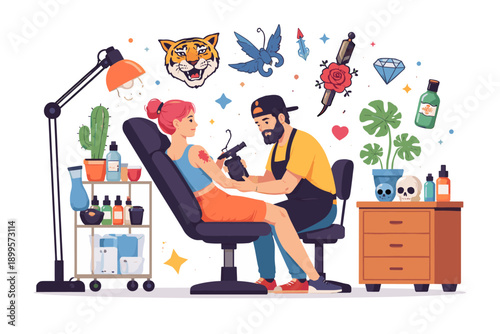 Tattoo artist creating body art on a client in a modern studio with decorative elements