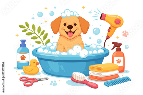 Happy dog enjoying a bubbly bath with grooming tools and accessories