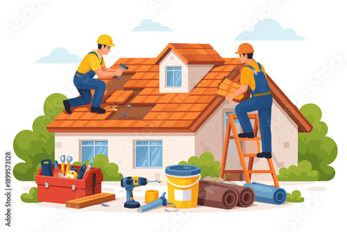 Two construction workers repairing a house roof with tiles and tools