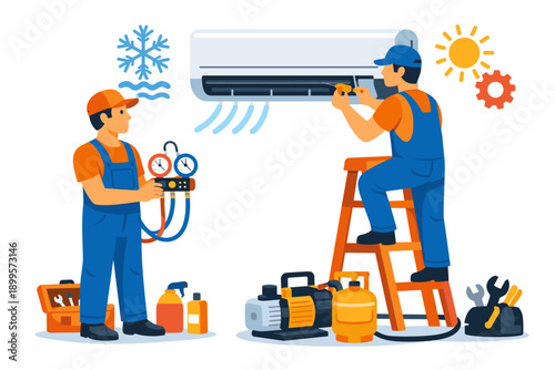 HVAC technicians performing air conditioner installation and maintenance services