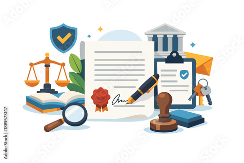 Legal document signing with scales of justice, notary stamp, and keys to success
