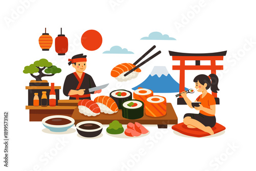 Japanese sushi chef prepares delicious salmon rolls and nigiri for a happy diner