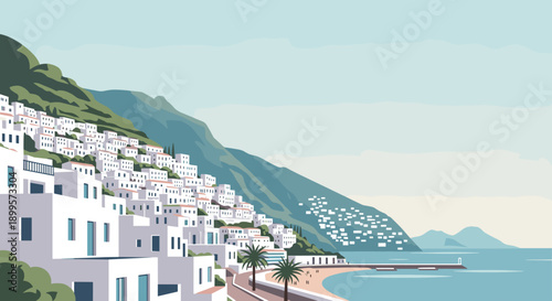 Serene coastal townscape with blue sea and lush green hills