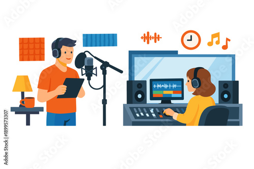 Recording studio scene with voice actor and sound engineer working together