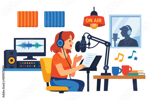 Woman recording audio in a professional studio with soundproofing and equipment