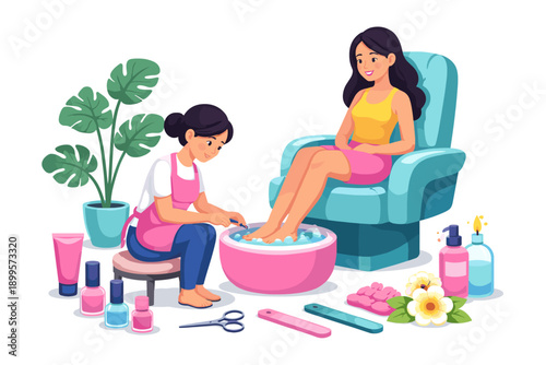 Woman receiving a professional pedicure treatment in a salon with foot bath and nail polish