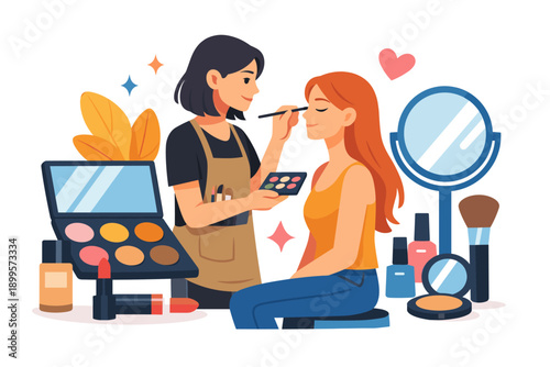 Professional makeup artist applying cosmetics to a client with a brush and palette