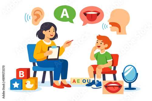 Speech therapist helping a child with pronunciation exercises and language development