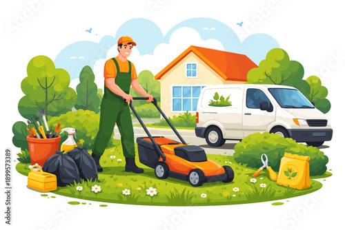 Gardener mowing lawn with a push mower, van and house in background, spring season