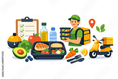 Healthy meal delivery service with a courier and fresh ingredients