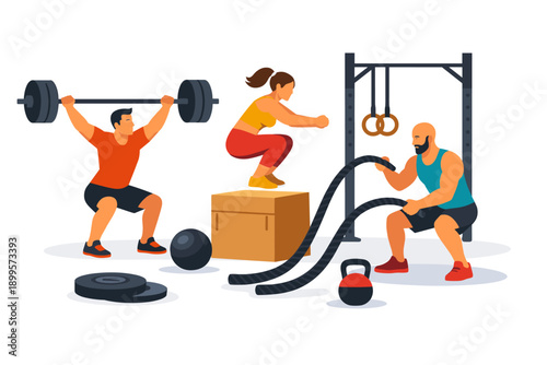 Diverse group of people engaged in intense crossfit training with various equipment