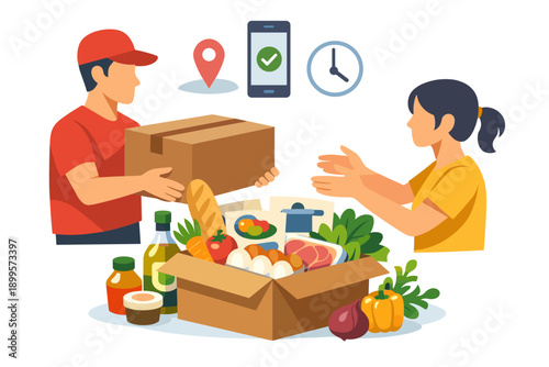 Delivery person handing over a box of groceries to a customer with icons for location and time