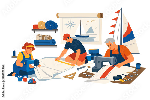 Team of sailmakers meticulously crafting a new sail for a sailboat in their workshop