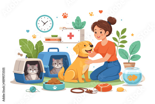 Veterinarian caring for a dog and cats with medical supplies and pet accessories