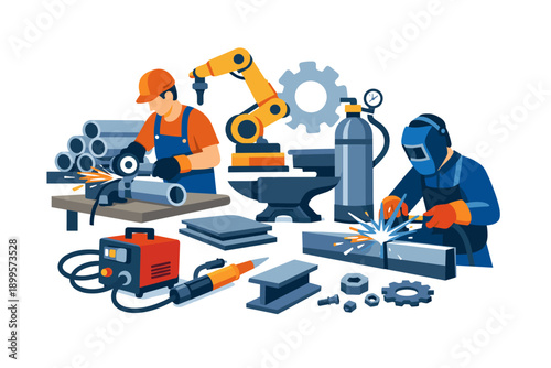 Industrial manufacturing scene with welders, robot arm, and metal fabrication equipment