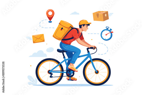 Delivery person on bicycle with yellow backpack delivering packages and mail quickly